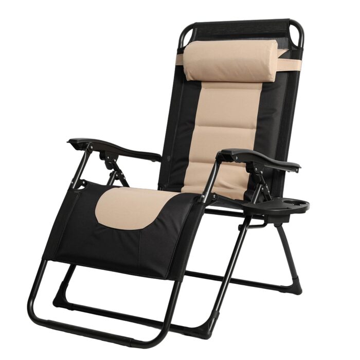 Розкладне ліжко для саду, широке 72 см, з підстаканником та подушкою, для відпочинку на вулиці, на терасі або балконі (Бежевий)