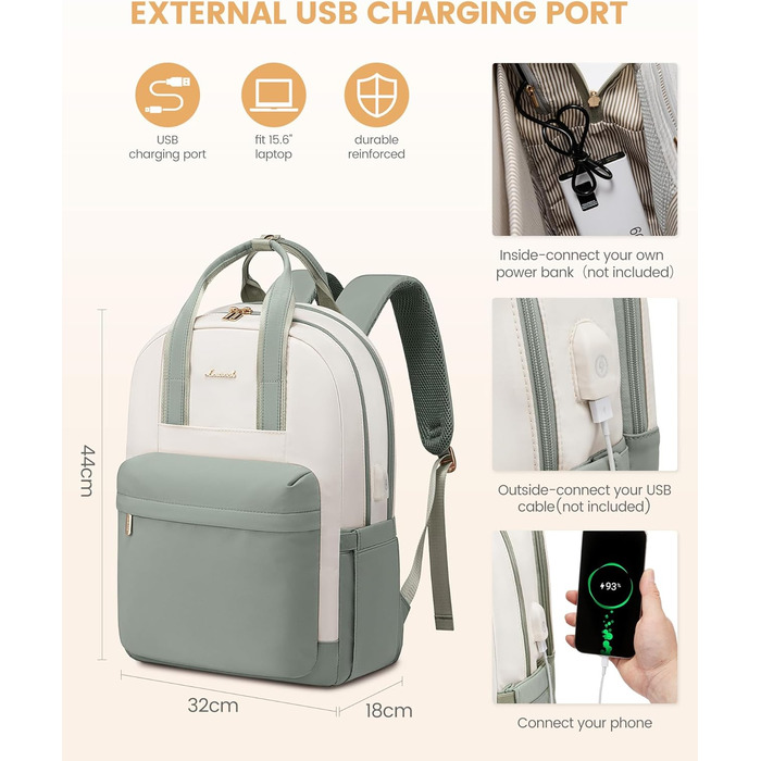 LOVEVOOK Рюкзак для жінок, 15.6 дюймів, рюкзак для школи, дівиччий рюкзак з відділенням для ноутбука, водонепроникний, для подорожей, роботи, навчання, рюкзак для університету, офісу, відпочинку, 15.6 дюймів, 1 світло-зелено-бежевий