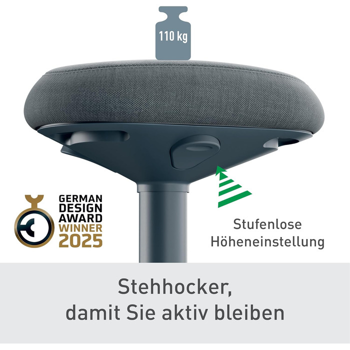 Leitz Ergo Active Столик для стояння з пінопластовим сидінням, регульована висота 57-82 см, оббивка з переробленого матеріалу, до 110 кг, серія Ergo, темно-сірий, 65450089