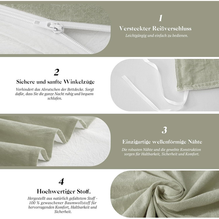 Набір постільної білизни SOULFUL 155x220, бавовна, з блискавкою, текстура як stone washed льон, 1.5 спальне ліжко, 2 шт. (Vintage Green)