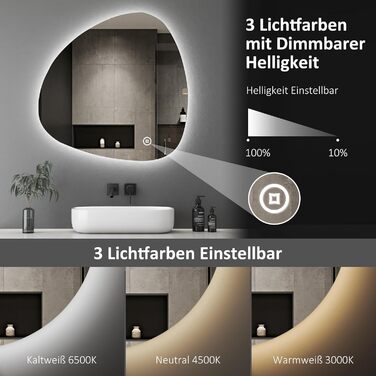 Асиметричне дзеркало для ванної кімнати Boromal з підсвічуванням 80x80 см LED, сенсорне керування, 3 кольори світла, регулювання яскравості