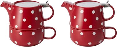 Чай для одного Lou, червона кераміка, 4 предмети з ситом і кришкою з нержавіючої сталі Глечик 0,45 л / Чашка 0,25 л червоний/білий, 2 шт.