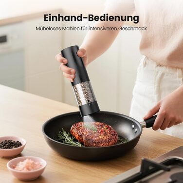 Електричні солі та перечні млини 2 шт. з USB-C зарядкою, регулюванням помелу, LED підсвіткою, керамічним жорном та підставкою – чорний/білий