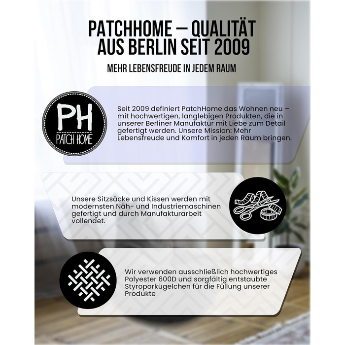 Крісло-мішок для геймерів PATCH HOME, блакитний, Ø 65 см x 70 см, наповнений пінополістиролом, для дому та вулиці