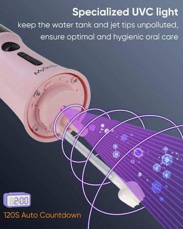 Портативна ірригатор MySmile LP221 UVC з бездротовим живленням, 335 мл, OLED-дисплей, 4 режими, 8 насадок, сумка для дому та подорожей (Соковитий Рожевий)