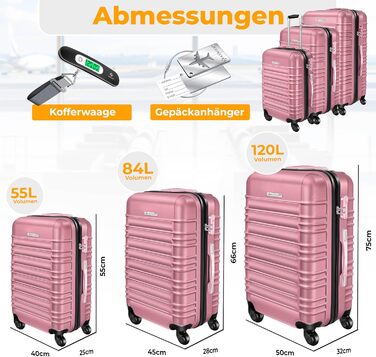 Набір валіз KESSER® 3шт. з жорстким корпусом: велика, середня, маленька. Рожевий колір. Валіза-тролі, валіза-чемодан, валіза на колесах з замком, ABS-пластик, телескопічна ручка, вага в комплекті.