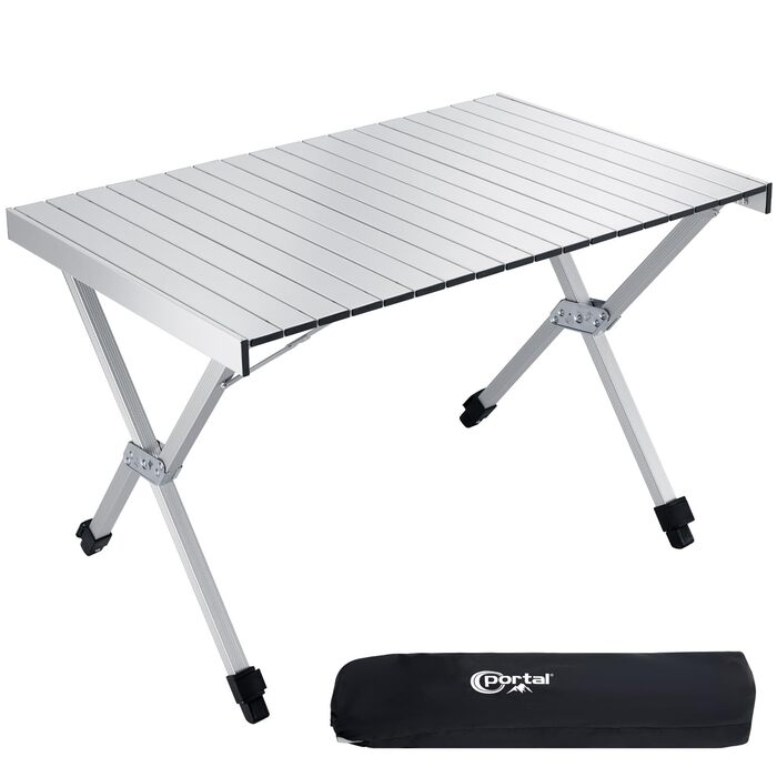 Складаний кемпінговий стіл PORTAL з регулюванням висоти, алюмінієвий, 108 x 71 см, легкий стіл для пікніка, саду та подорожей (Сріблястий)