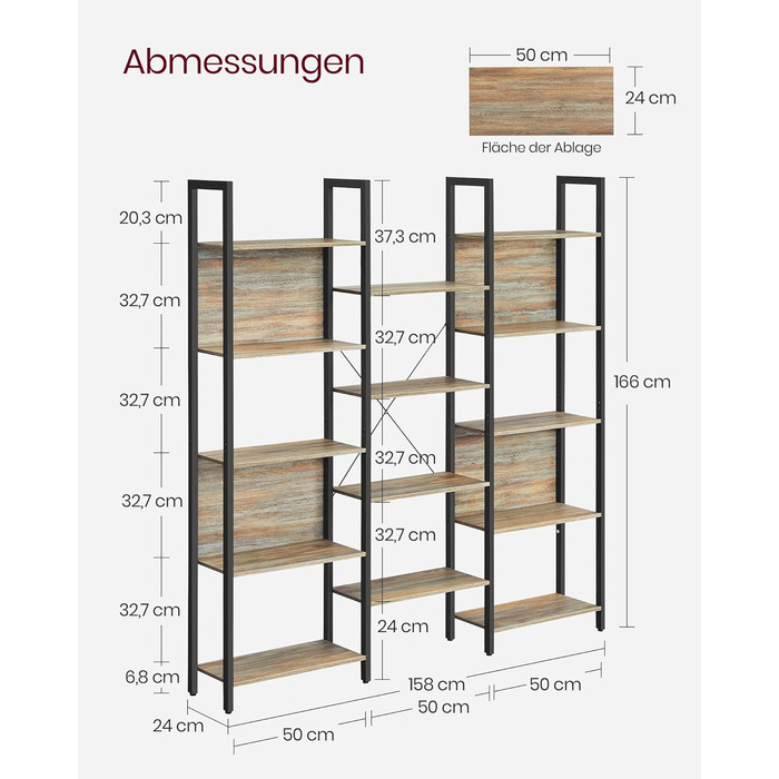 Книжкова шафа VASAGLE, 14 полиць, металевий каркас, промисловий дизайн, 24x158x166 см, верблюжий коричневий чорнило чорний