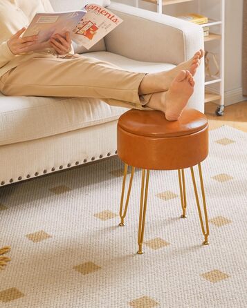 Пуф-табуретка з велюру круглої форми, золоті ніжки, для макіяжу та відпочинку, L/G-30P (з ящиком для зберігання, світло-коричневий)