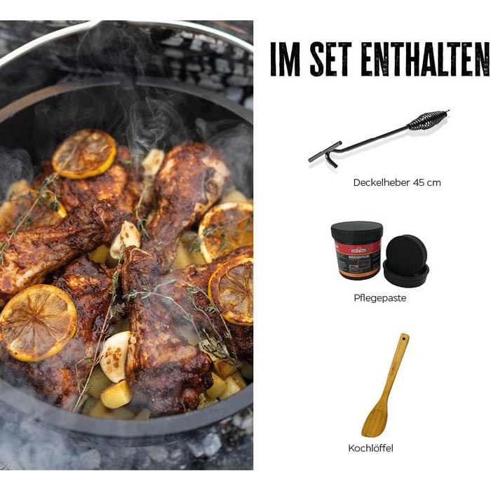 Набір голландської печі Grillfürst Dutch Oven BBQ Edition DO 9: чавунний котел 8,5 л з підставкою, кришкою та аксесуарами