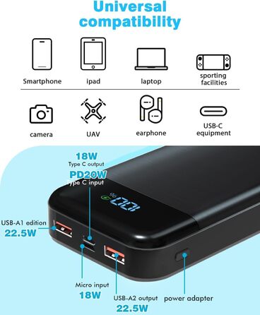 Зовнішній акумулятор 27 000 мАг, повербанк PD3.0 QC4.0 USB C 22,5 Вт, швидкий зарядний пристрій з LCD дисплеєм