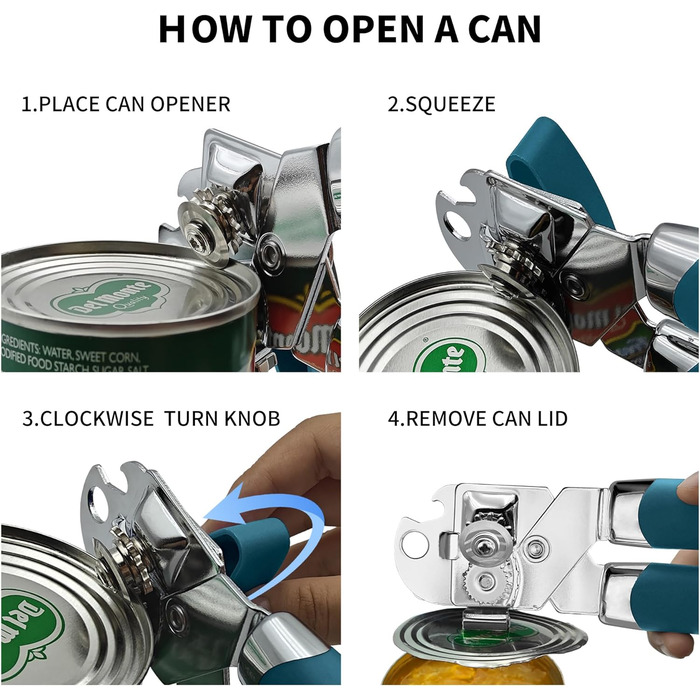 Ручний відкривач консерв з магнітом, багатофункціональний, з відкривачем для пляшок, з нержавіючої сталі, зручна ручка (блакитний)