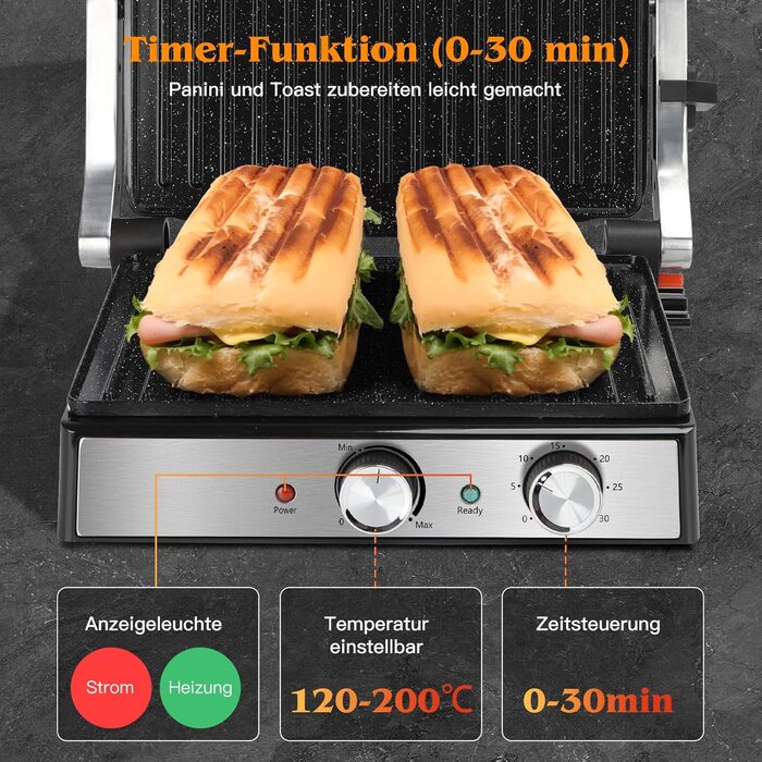 Контактний гриль Aigostar з керамічним покриттям, таймер на 30 хв. Паніні гриль та сендвічмейкер для сендвічів, стейків, тостів. 2000 Вт, регульований термостат, відкривання 180°, функція грилю