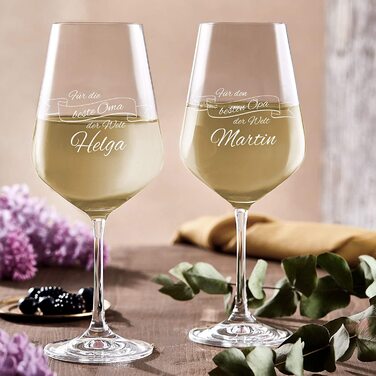 Келихи для білого вина AMAVEL, набір з 2 келихів з гравіюванням для бабусі і дідуся, персоналізований з ім'ям, келих для вина в якості подарунка для батьків (набір з 2-мотив бабусі і дідусі 2-персоналізований)