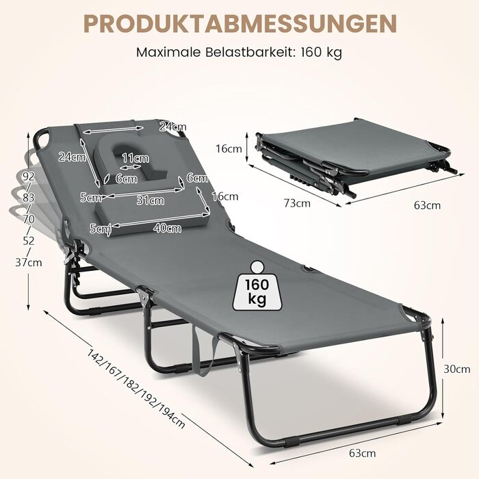 Лежак для відпочинку COSTWAY з отвором для обличчя, розкладний садовий лежак з 3 знімними подушками та 5-рівневим регулюванням спинки, лежак для пляжу, саду та басейну (сірий, окремий)