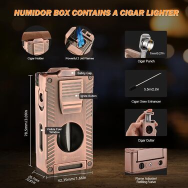 Умидник для сигар з натуральної шкіри, 5-в-1 комплект з запальничкою та вологоміром, коричневий