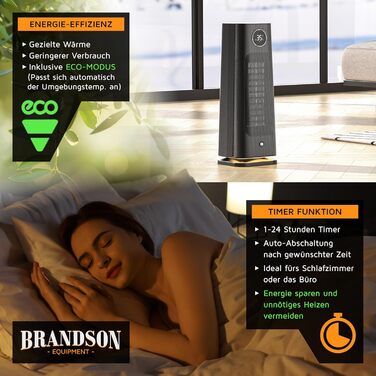 Обігрівач Brandson з пультом керування, 2000 Вт, ECO режим, осциляція, захист від дітей, таймер, LED-підсвічування, для ванної, вітальні, офісу, дитячої кімнати