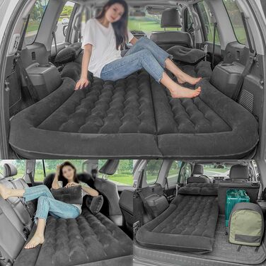 Автомобільний надувний матрац з насосом для заднього сидіння, подорожей, кемпінгу, позашляховика, 2 подушки (чорний)