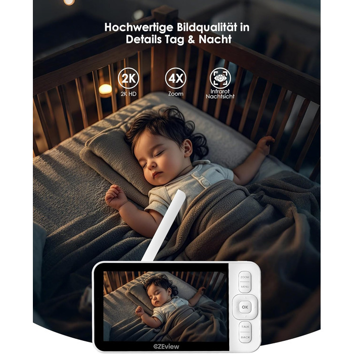 Відеоняня з камерою 2K HD Wi-Fi Babyphone з додатком, 360° огляд, 4x Zoom, нічний режим, датчик руху/плачу/звуку, термометр, чорний - 1 камера