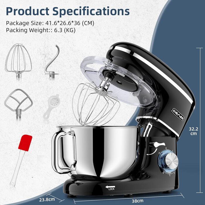 Кухонна машина Cheflee 2000W з чашею 6.2L з нержавіючої сталі, 6 швидкостей, низький шум, міксер, гак для тіста, захист від бризок, чорна