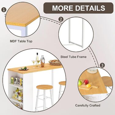 Набір барного столу та табуреток Soges: стіл, 2 барні табурети, полиця для зберігання (91x49.5x91 см)