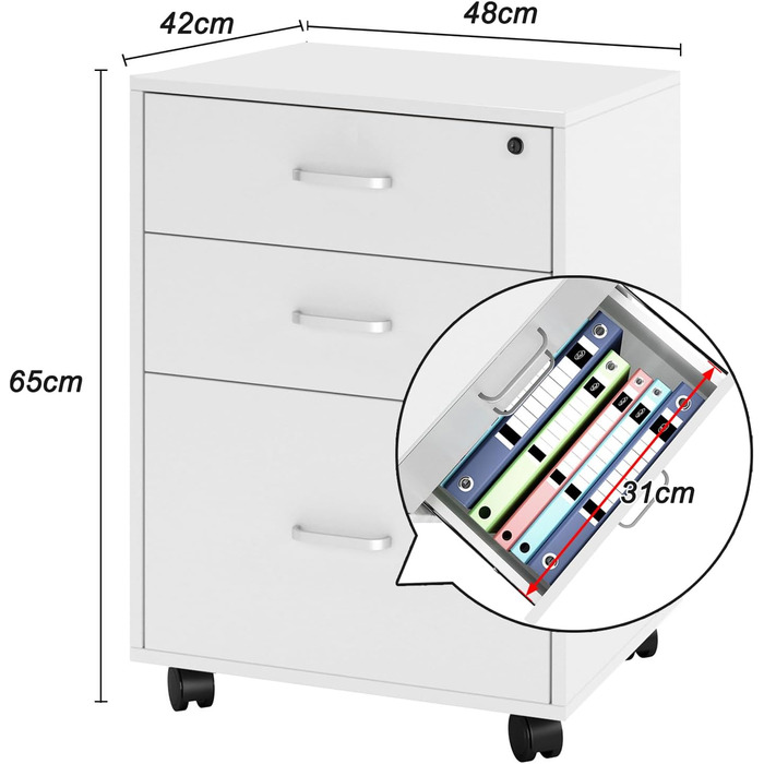Шафа для документів SDHYL з 3 висувними ящиками на колесах, верхній ящик з замком, великий об'єм, для дому та офісу (Біланко)