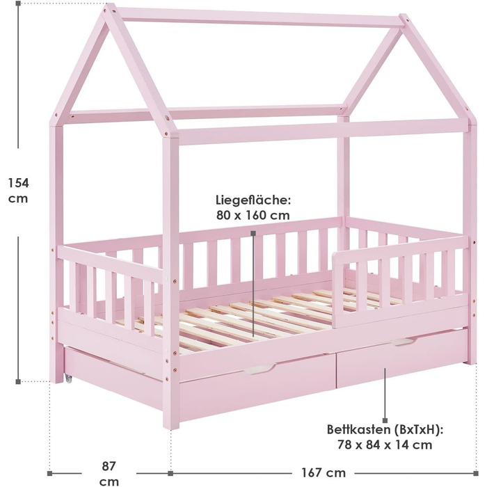 Дитяче ліжко Juskys Marli 80 х 160 см з 2-х секційним ящиком, захистом від випадання, рейковим каркасом і дахом - Дитяче ліжко з масиву дерева - ліжко рожеве 80 х 160 см рожеве