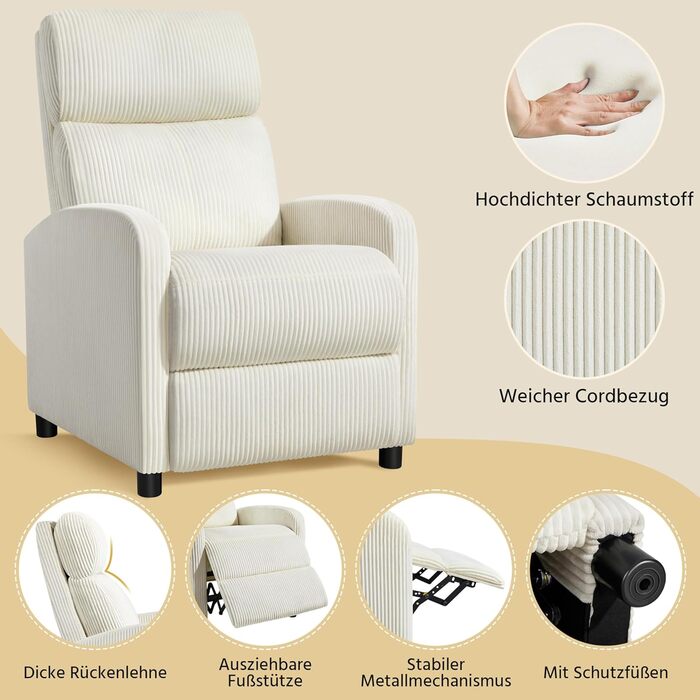Крісло-релакс Yaheetech для телевізора, крісло-софа, крісло для відпочинку з регульованою підніжкою, лежак з бежевої тканини Cord