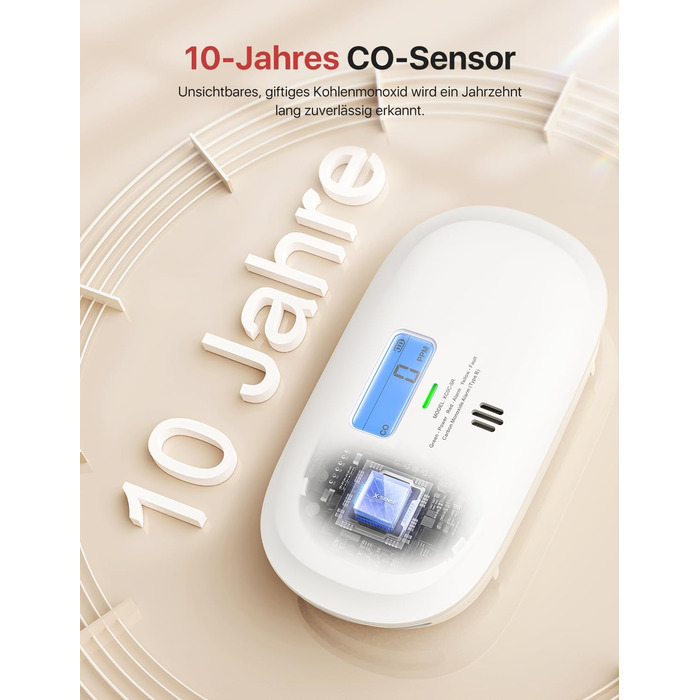 Детектор чадного газу X-Sense, сертифікований TÜV Rheinland, датчик на 10 років, з змінною батареєю та цифровим дисплеєм, кнопка тестування, автономний, білий
