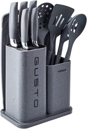 Набір ножів Karaca Gusto 12 предметів з обробною дошкою та кухонними аксесуарами (сірий)