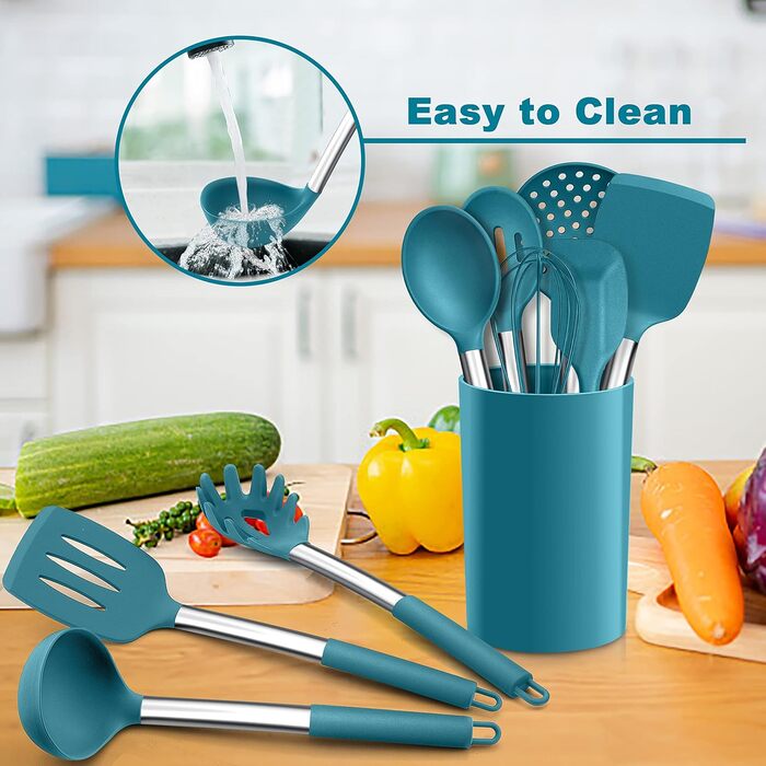 Набір кухонного інвентарю Herogo, 12 шт. Силіконові кухонні інструменти з нержавіючою сталею, термостійкі кухонні прилади, лопатки, ложки, шпателі з підставкою, легко миються (Блакитний)