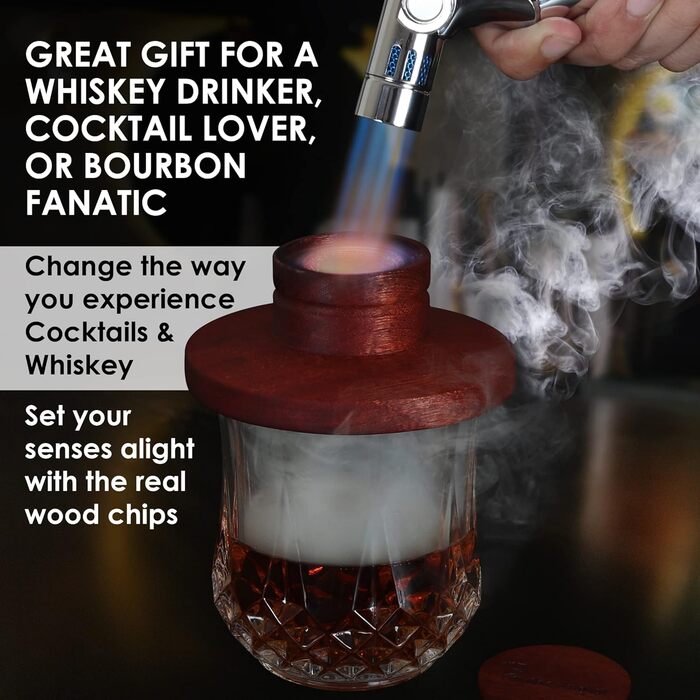Набір для копчення віскі та коктейлів Smokeologist – 8 натуральних ароматизаторів, подарункова дерев'яна коробка, преміум-пальник на бутані