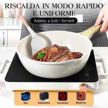 Сковорода GiPP Schmorpfannen з високим бортиком, вок-сковорода з кришкою, 4.3л, керамічне антипригарне покриття, для всіх типів плит, білий (24 см)