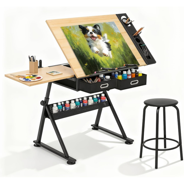 Набір мольбертів Magshion: регульований стіл для художника з нахиленою дерев'яною столешницею, ящиками та стільцем. Підходить для дому, офісу та школи (білий/чорний)