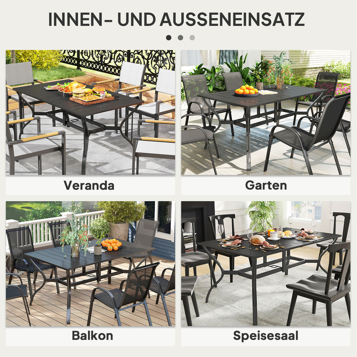 Outsunny Garden Table Сталь 150x90 см Атмосферостійкий балконний стіл з отвором для парасольки, Дизайн планок Фуршетний стіл Кемпінговий стіл на 6 персон Стіл для патіо Відкритий обідній стіл для саду, патіо Балкон чорний