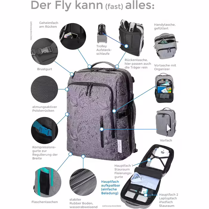 Рюкзак Elephant Fly Legends XL 45 л для ручної поклажі, антивор, відділення для ноутбука, сіро-пейслі, для літака, автобуса