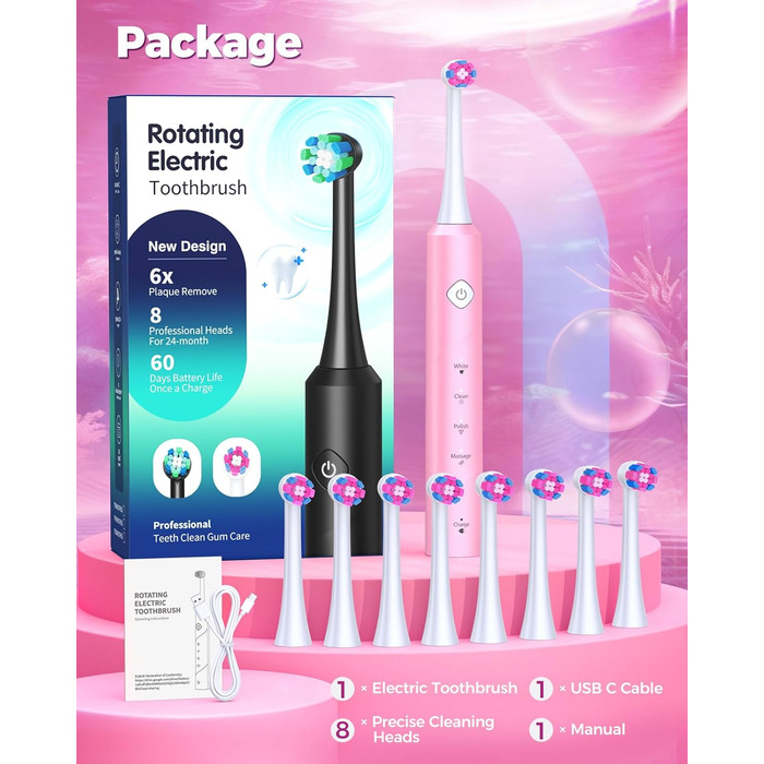 Електрична зубна щітка для дорослих Rotierende з 8 насадками, 4 режимами чищення, акумулятором на 60 днів та розумним таймером 2 хв - Професійна електрична щітка (Рожева)