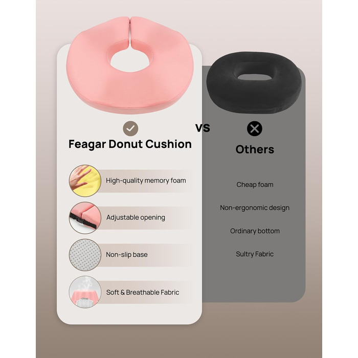 Ортопедична подушка-кільце Feagar для сидіння, ергономічна подушка-пончик від геморою, ішіасу та для післяпологового відновлення, регульована (Рожева, стандарт 60-100 кг)