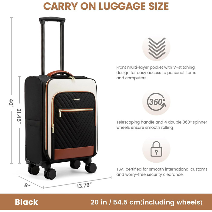 LOVEVOOK Набір валіз ручної поклажі: ручна валіза, середнього розміру, 20 дюймів, з відділенням для ноутбука 17 дюймів, легка, для жінок, подорожі, ділові поїздки, чорний, білий, коричневий