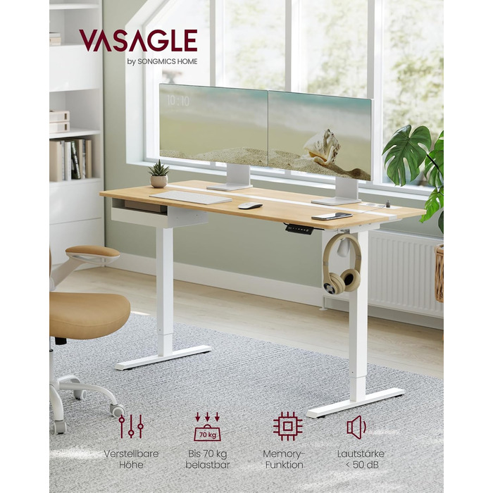 Електричний регульований стіл VASAGLE з пам'яттю висоти, з розетками та ящиком для зберігання, хмаринно-білий + золотий дуб, LSD112W01