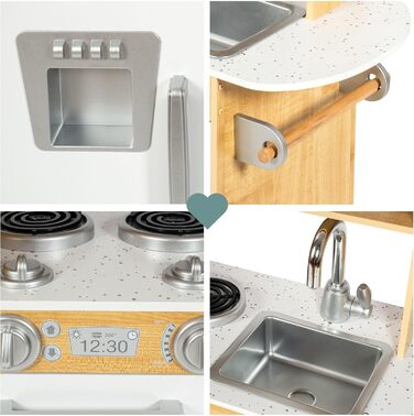 Дерев'яна дитяча кухня Mamabrum з LED-підсвічуванням та аксесуарами - 15 частин. Комплект: плита, духовка, мікрохвильова піч, холодильник, кран та іграшкова кухонна утвар для дітей