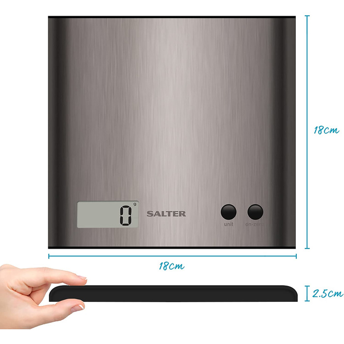 Цифрові кухонні ваги Salter 1066 BKDR15 тонкий дизайн електронні ваги для кухні, РК-дисплей, функція зважування, простота очищення і економія місця, Макс. Вантажопідйомність 3 кг (нержавіюча сталь)