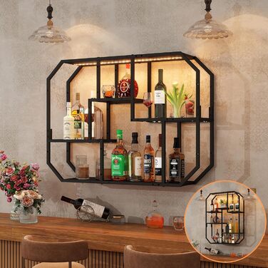 Підвісні полиці YU YUSING з RGB підсвічуванням 7 кольорів, геймерські полиці з 8 гачками, полиці для демонстрації, настінна вітрина з 2 скляними полицями, підвісна вітрина для спальні, кухні, бару, ігрової кімнати, шестигранна (чорний колір)