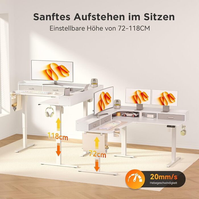 Електричний кутовий стіл L-подібної форми, 160 x 140 см, з 3 висувними ящиками, регулювання висоти, для офісу, ігрової кімнати, дому