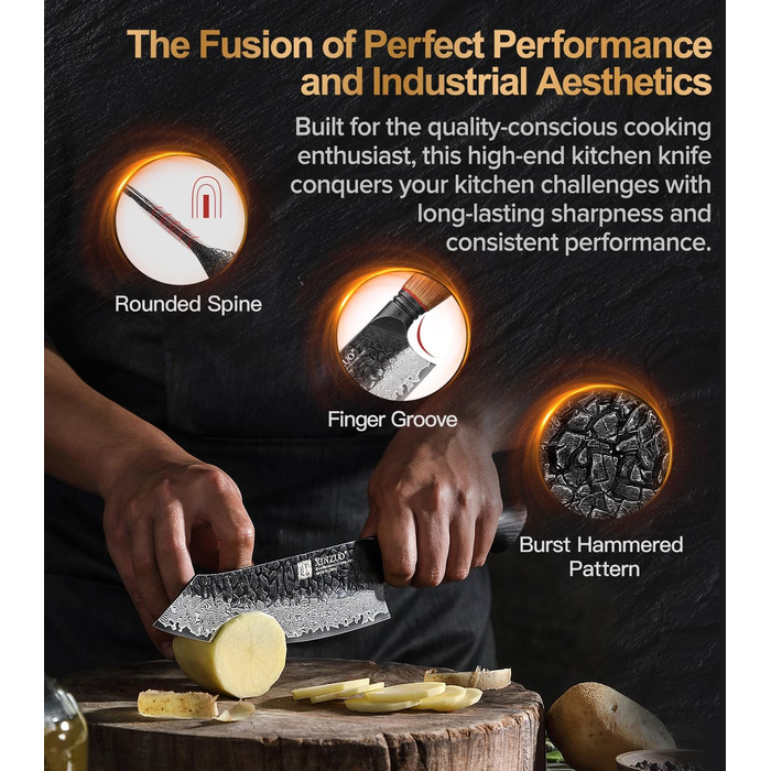 Ніж Сантоку XINZUO Damaststahl 19,3 см з нержавіючої сталі Дамаск, професійний кухонний ніж, серія Mo, ергономічна ручка з білого дуба
