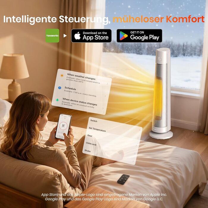 Електричний обігрівач з термостатом та ECO-режимом, 1500W, PTC керамічний, 4 режими, цифровий дисплей, таймер 12 годин, 35dB, срібний (74cm)