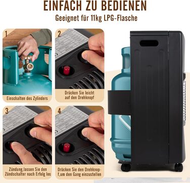 Газовий обігрівач Todeco 4200W з керамічним нагрівачем, чорний колір, 3 режими нагріву, з регулятором тиску, шлангом, для балконів та добре провітрюваних приміщень