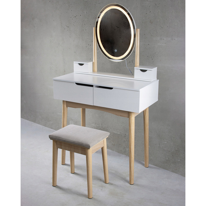 Косметичний столик з LED-дзеркалом, пуфом та 4 шухлядами, скандинавський стиль, білий