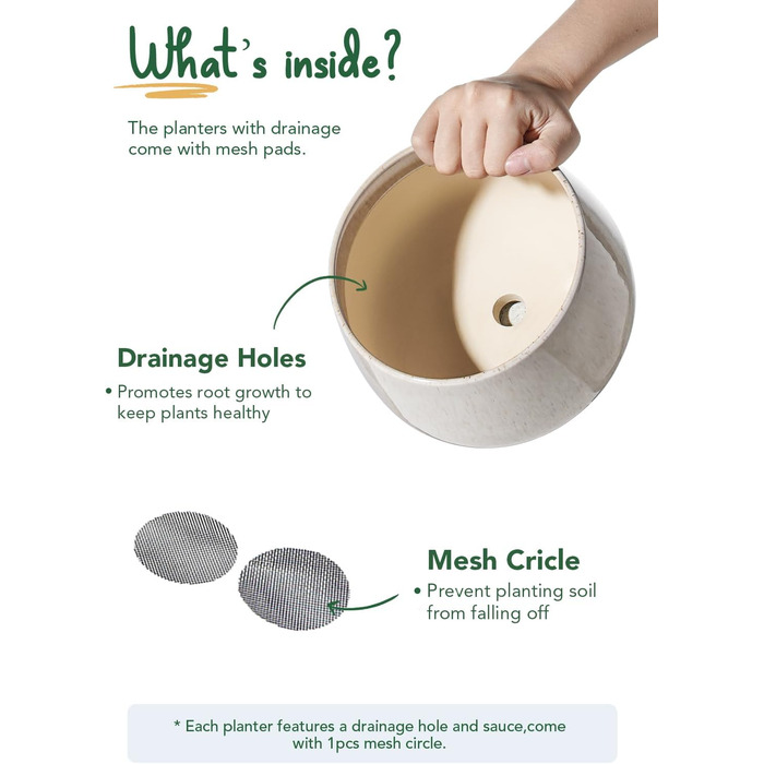 Керамічні горщики LE TAUCI з підставкою, 10+13+16 см, набір 3 шт. для кімнатних рослин, з дренажним отвором, бежева реактивна глазур