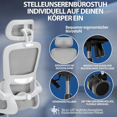 Ергономічне крісло TRALT для офісу з регульованою підтримкою попереку та підголівником. Ігрове крісло, офісне крісло для дому та офісу. Максимальне навантаження 150 кг, сірого кольору.